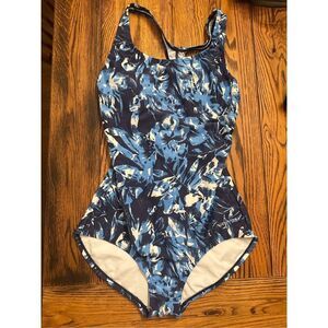 Speedo Navy Blue Floral Print Padded Racerback One Piece Swimsuit Size Medium